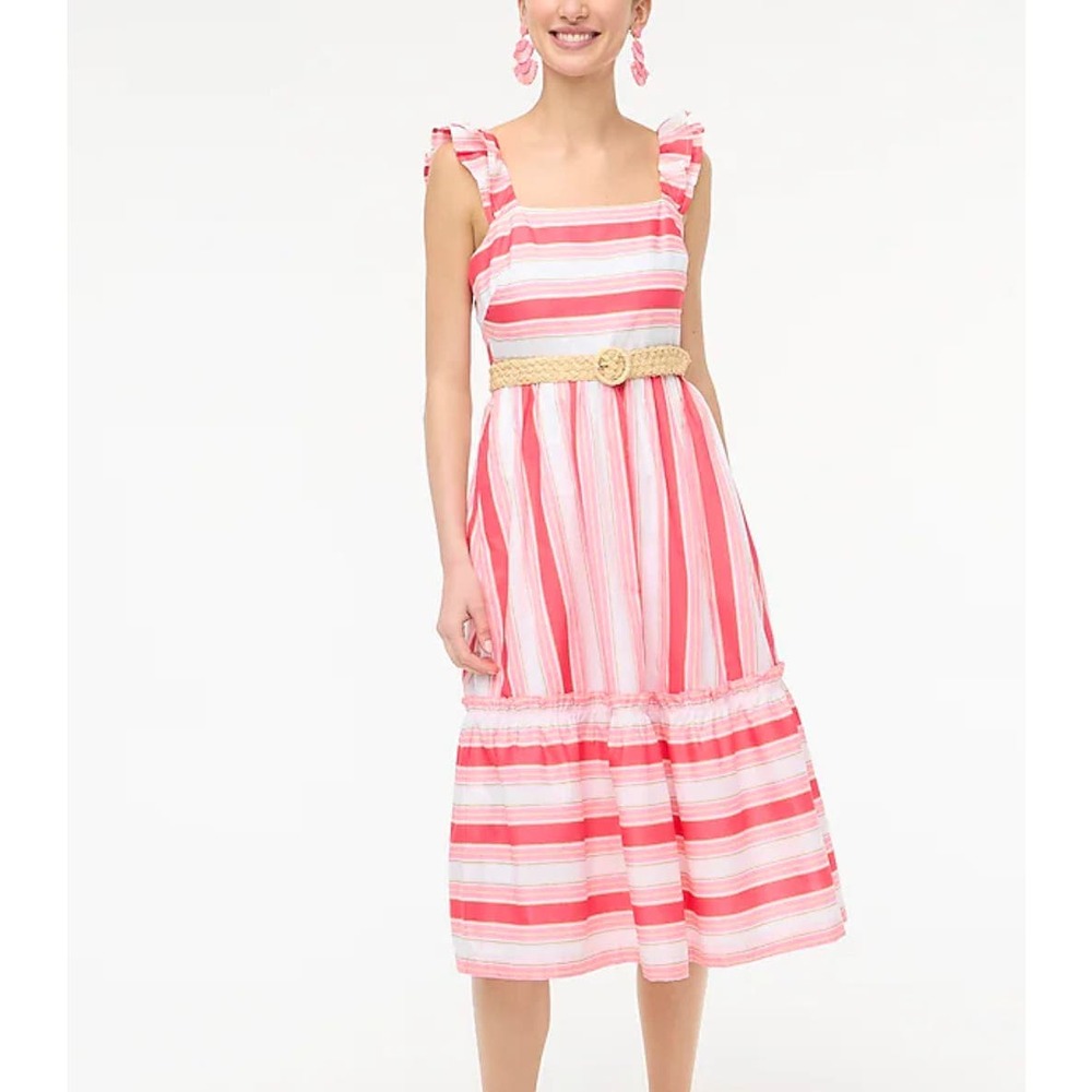 J. Crew Factory Striped Squareneck Midi Dress Guava Spring Blossom Pink Sz 2